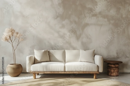 Vintage sofa and coffee table set amidst an expansive stucco wall, offering abundant space for customization