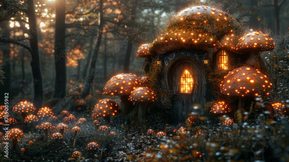Small House Surrounded by Mushrooms in Forest