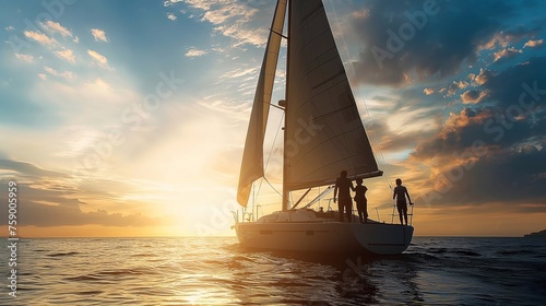 Silhouette of a family, on a modern sailboat in the middle of the sea, with stunning sky and clouds generative ai art