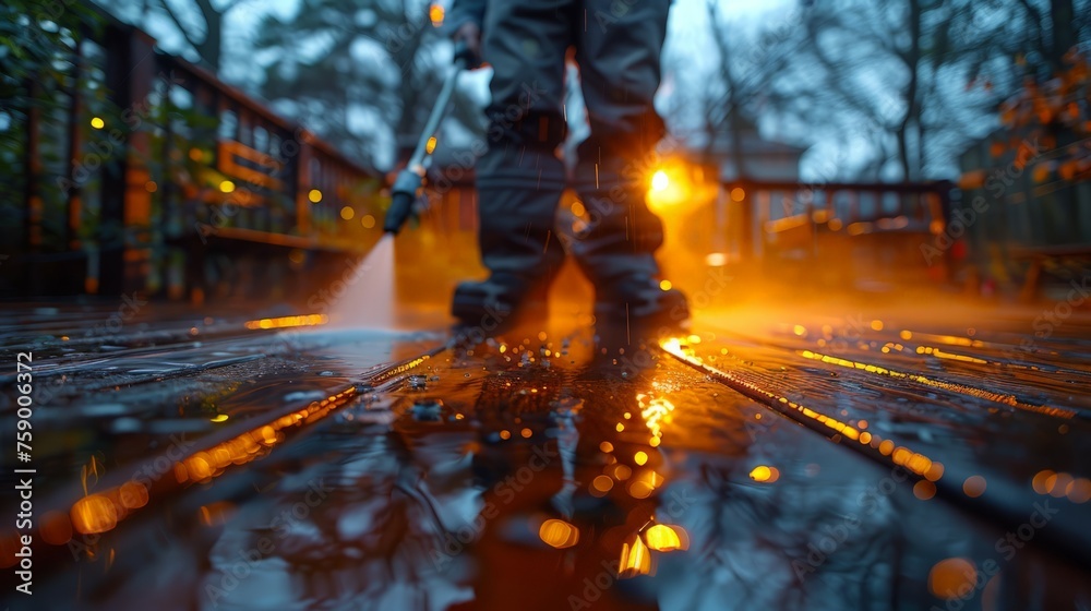 Person Walking on Wet Street With Hose