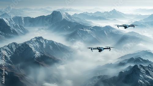 Group of Planes Flying Over Mountain Range