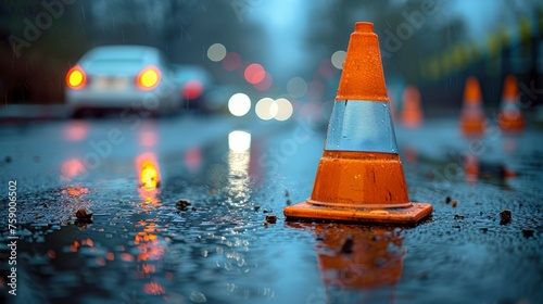 Traffic Cone by Wet Roadside