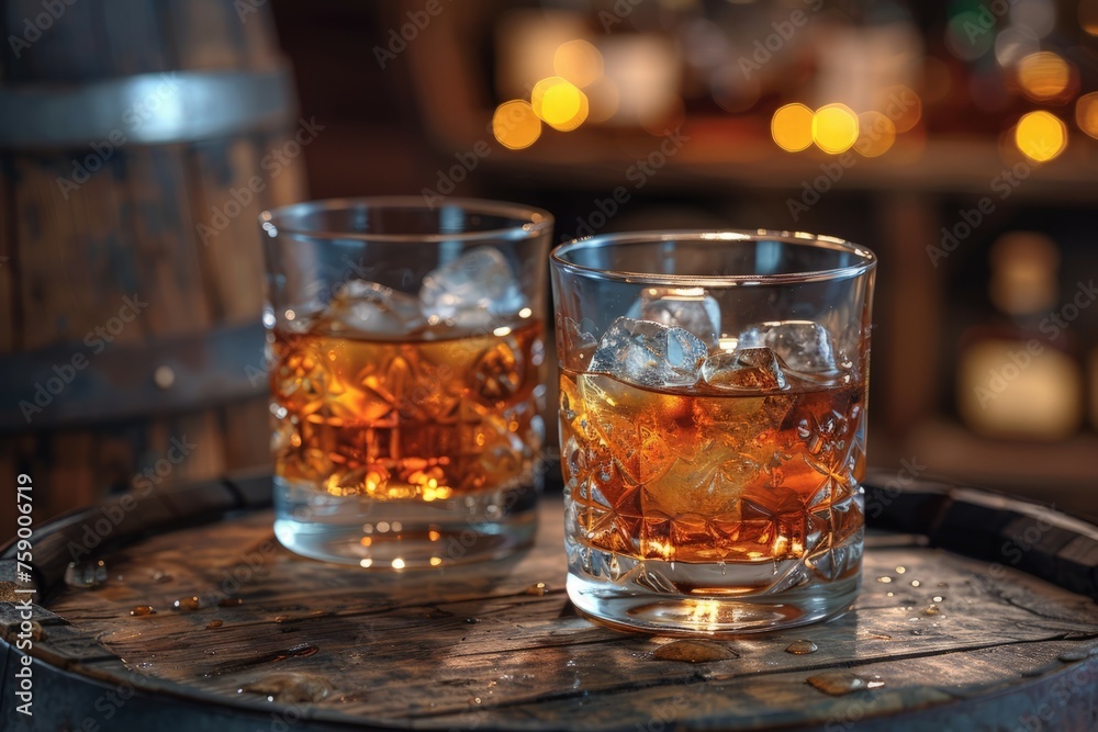Two Whiskey Glasses on Barrel