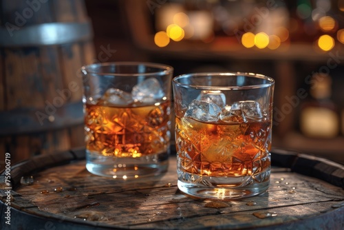 Two Whiskey Glasses on Barrel