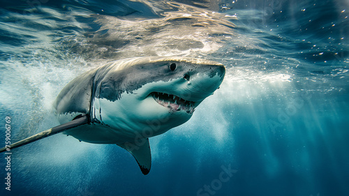Great White Shark Approaching in Clear Blue Waters © Melipo-Art