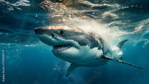 Great White Shark Approaching in Clear Blue Waters © Melipo-Art