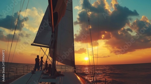 Silhouette of a family, on a modern sailboat in the middle of the sea, with stunning sky and clouds generative ai art