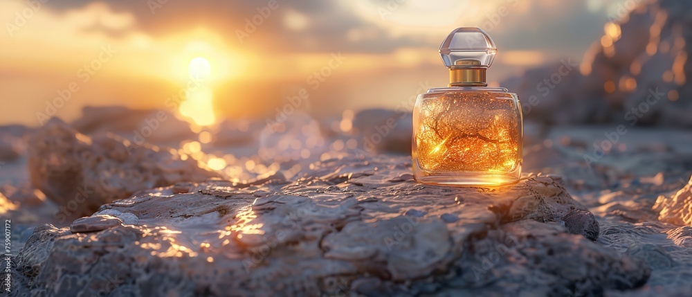 luxurious perfume bottle with golden and marble textures sitting atop a rough natural stone. - obrazy, fototapety, plakaty 