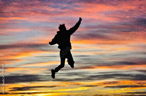Silhouette of man jumping  and happy