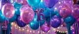 a lively and celebratory scene for a sweet sixteen party, Include shimmering balloons