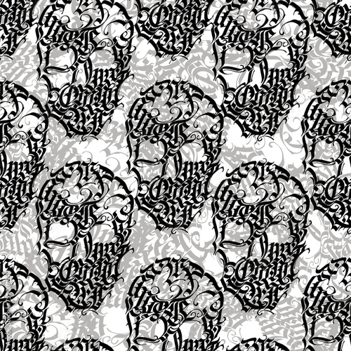 Vector seamless pattern: black sculls hand drawn from gothic lettering elements and gray ornament on white. Creative modern design for textile, fabric, wallpaper, wrapping paper.