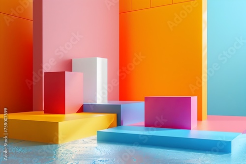 Fashion. 3D illustration of colorful modern minimalist podium and stage for advertisement, render image of abstract color geometric shape display or showcase background