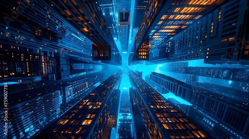 futuristic cityscape with skyscrapers illuminated by blue neon light, viewed from below. blue neon light illuminating tall office tower in a cyberpunk metropolis
