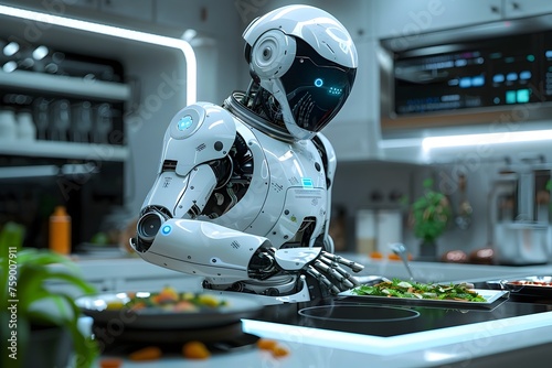 3d rendered of futuristic AI robot chef master in the kitchen is cooking in the kitchen at home, food and drink, artificial intelligence technology concept