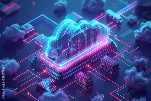 Cloud Computing. 3d isometric illustration of an abstract cloud on top of the main chip, surrounded by other digital elements such as icons and circuit line, network technology concept photo
