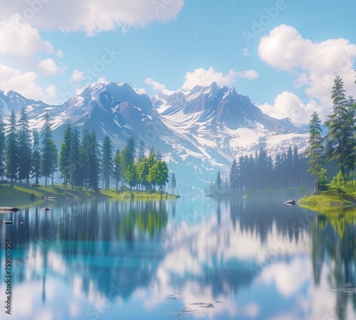 A pristine mountain lake reflecting the azure sky above, surrounded by verdant pine trees and snow-capped peaks