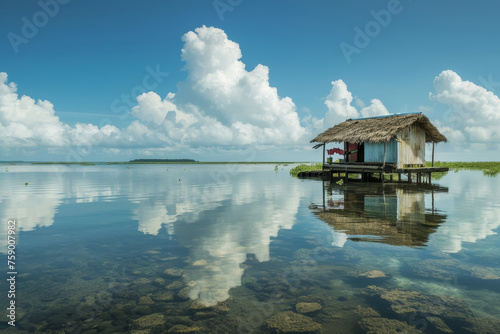 Serene Lakeside Hut Reflection