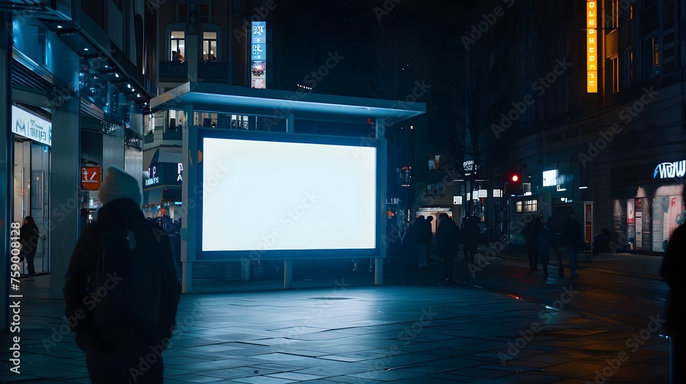 horizontal blank white digital LED billboard in middle urban street at night, copy space for your text message or media content, advertisement, commercial and marketing concept