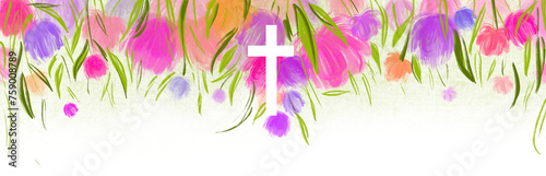 Watercolor Easter cross clipart. Floral crosses, floral frames, banner, very peri Flowe hand drawn illustration, invitation design png