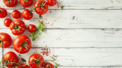 Fresh ripe cherry tomatoes on a white wooden table, top view copy space background. AI generated