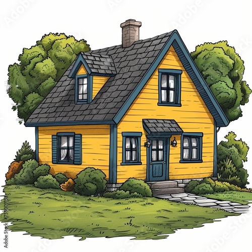 A small yellow cartoon house surrounded by trees.