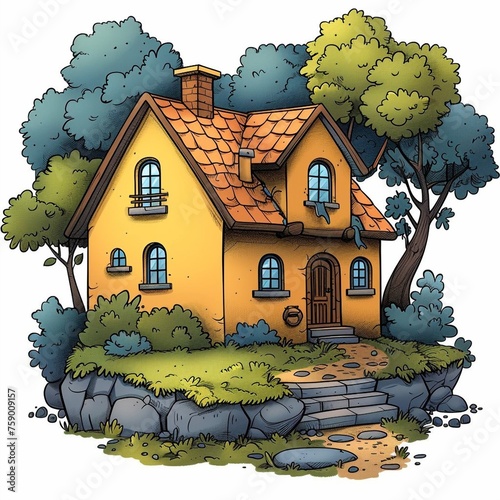 A small yellow cartoon house surrounded by trees.