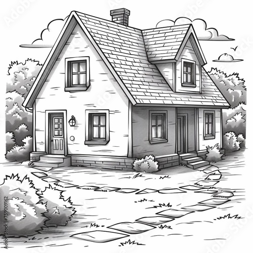 Small cartoon house surrounded by trees, coloring book for children