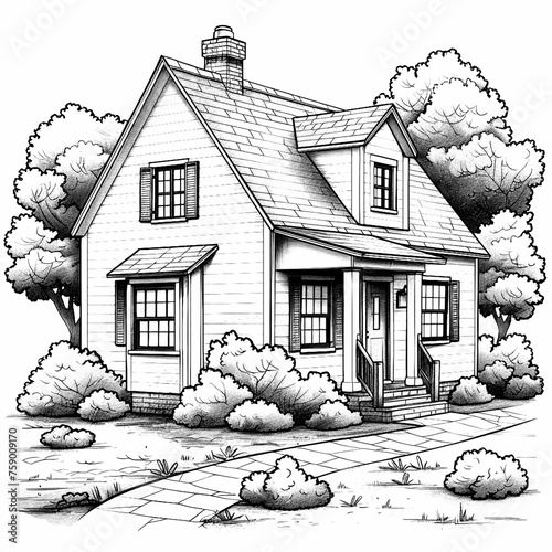Small cartoon house surrounded by trees, coloring book for children