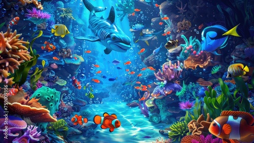 Vibrant underwater scene with marine life - A colorful underwater ecosystem bustling with sea creatures and corals in a mesmerizing deep blue setting © Mickey