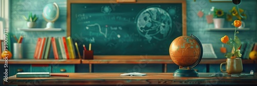 Vintage classroom interior with a globe - A nostalgic and detailed classroom scene featuring a world globe on a wooden table suggestive of education and learning