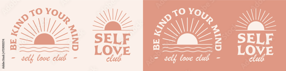 Self love club lettering. Self care quotes inspiration to take care of yourself. Boho retro celestial floral girl aesthetic. Cute positive mental health text for women shirt design and print vector. - obrazy, fototapety, plakaty 