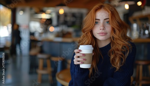 A beautiful woman with red hair sits in a cafe, holding a cup of coffee.