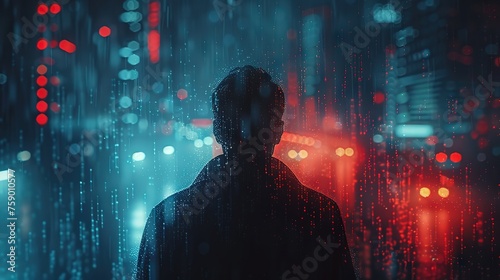 A man in a raincoat stands in the rain in a cyberpunk city at night. The image is in black and red hues.