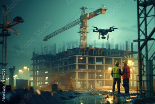 An urban construction site at night illuminated by drones