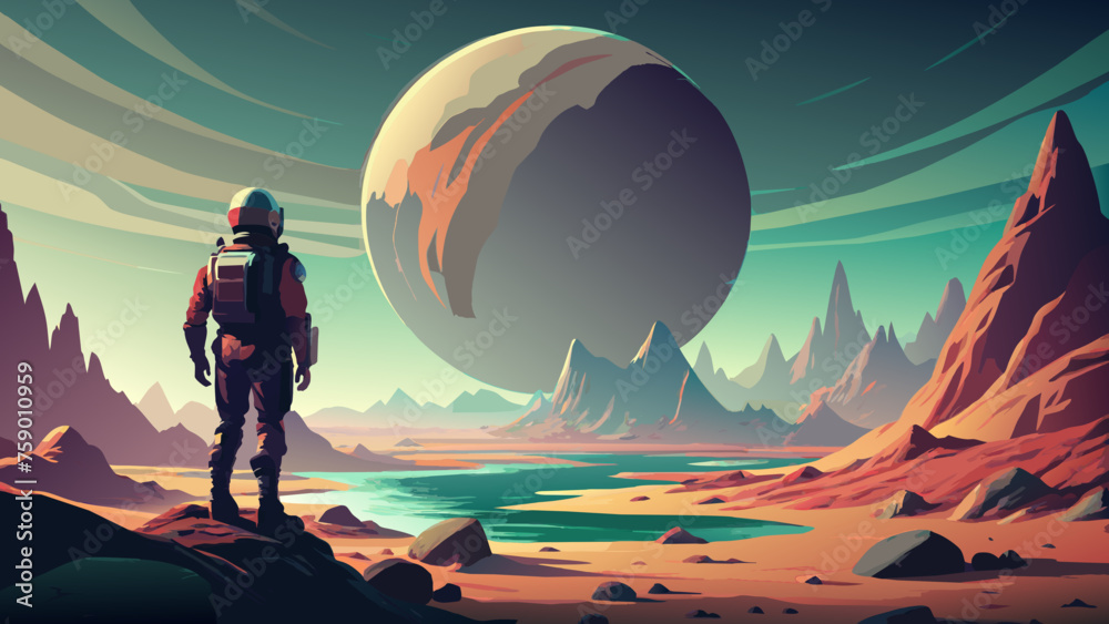 Fototapeta premium Retro sci-fi, a scene of space exploration on Mars