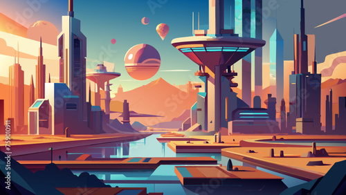 Futuristic Sci-Fi Digital Illustration Building a City with Abstract Structure Environment Landscape