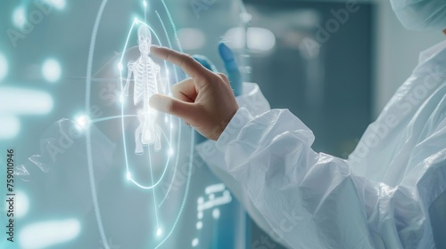 doctor Surgeon uses their finger to touch a virtual holographic button about the internal body system, generative ai art