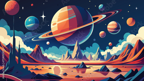 The future concept of scientific innovation. Space shapes and planets in blue-violet.