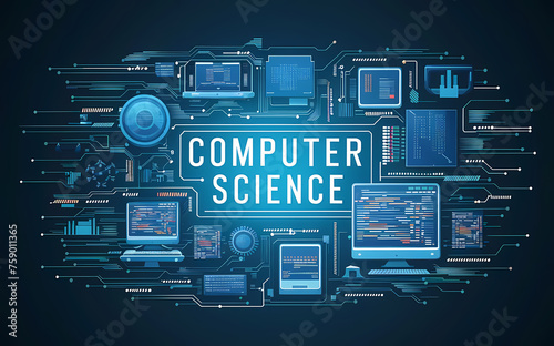 computer science, depicting various technological elements such as circuits, code snippets, and digital devices, generative ai