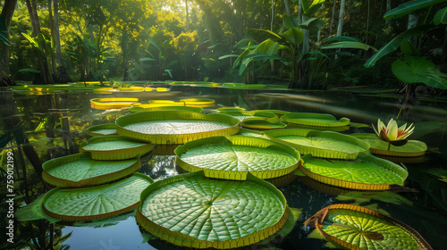 Serene tropical pond with giant water lilies in morning light, perfect for eco-tourism and wellness designs.