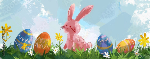 Cute pink bunny rabbit with easter eggs in flower garden with blue sky painting illustration © Astrognomo