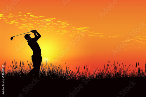 Silhouette of a male golfer swinging club at sunset, suitable for sports and leisure themes.