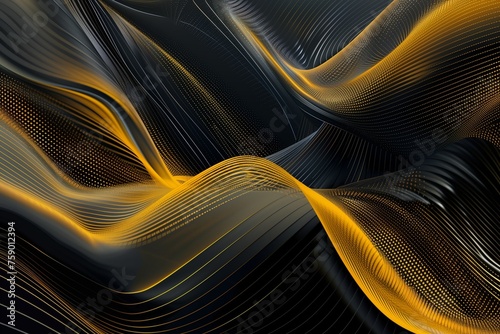 Kinetic lines and abstract curves in a light black to yellow flow, with schlieren photography effects and dotted detail for depth, in an HD trompe-l'?"il style.