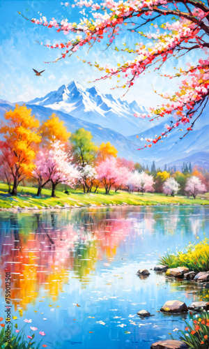 A tranquil scene captures the essence of spring with vibrant blooming trees in shades of pink and orange lining the shores of a calm mountain lake.