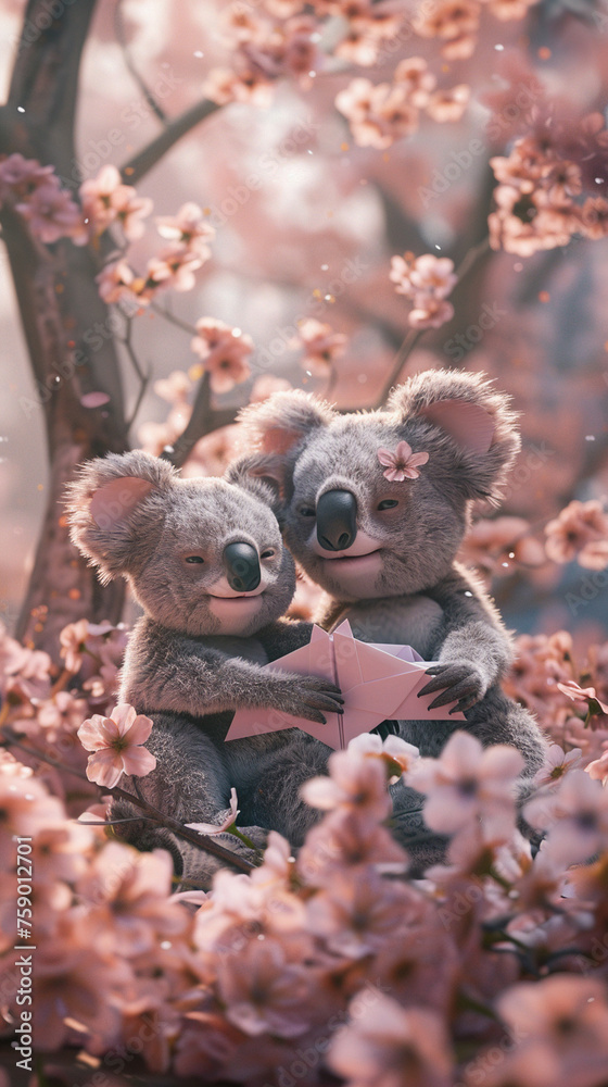 Two koalas are sitting in a field of pink flowers Two koalas are sitting in a field of pink flowers