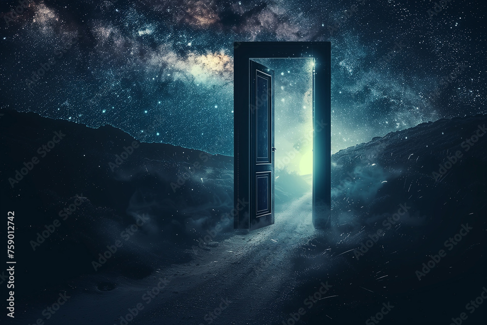 Surreal doorway under a starry night sky for conceptual designs.