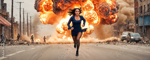 A female superhero rushes along a city street with intense attention, huge flames and clouds of smoke from powerful explosions are visible in the background.