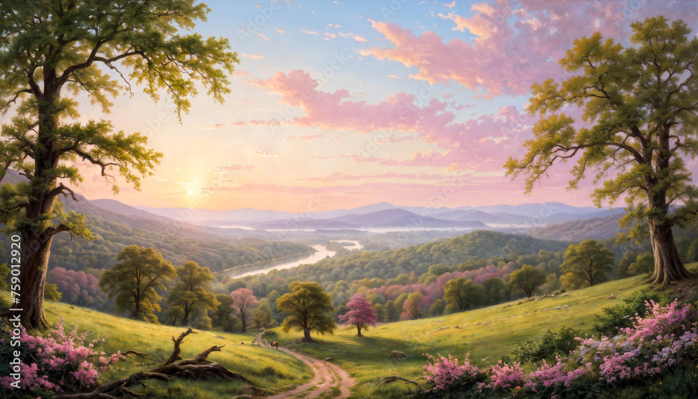 Serene Springtime Landscape With Blooming Trees by Mountain Lake