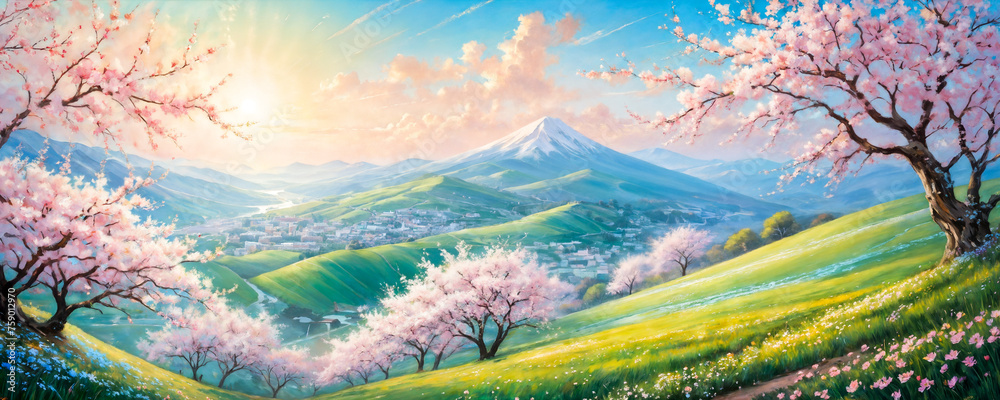 A serene spring landscape with blooming rose trees. The path runs away into the distance, giving a feeling of peace.