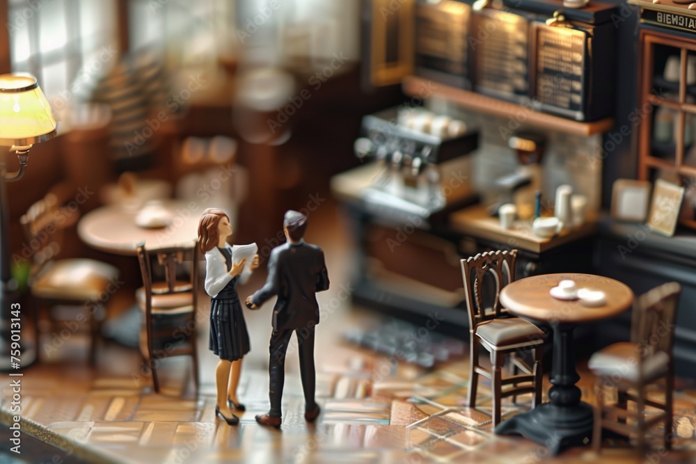 Miniature caf?(C) scene with a business couple enjoying a respite, detailed brushwork capturing the warm, inviting atmosphere.